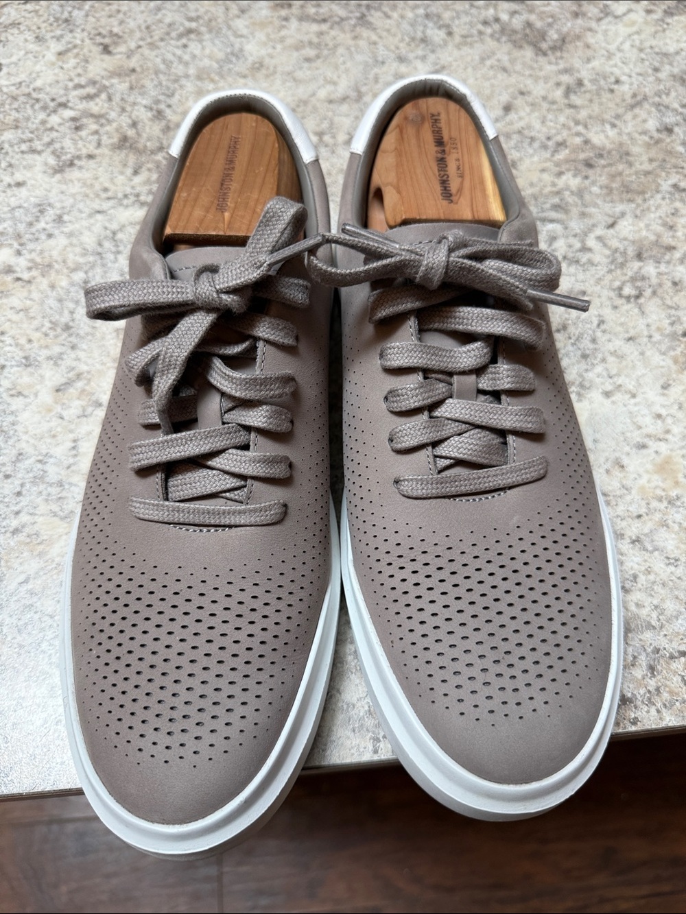 Cole Haan Perforated Taupe Sneakers with White Sole - Picture 2 of 5